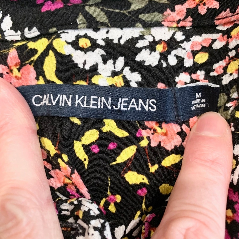 Calvin Klein Jeans Floral Midi Dress Womens M Black Pink Button Front Viscose - Picture 3 of 11